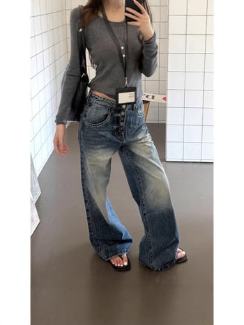 Ženske traperice s gumbima u američko-retro stilu, široke nogavice, visok struk, ležerni kroj, ravni kroj, do poda, denim