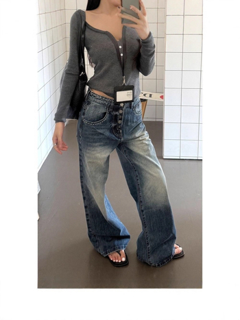 Ženske traperice s gumbima u američko-retro stilu, široke nogavice, visok struk, ležerni kroj, ravni kroj, do poda, denim