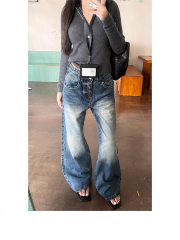 Ženske traperice s gumbima u američko-retro stilu, široke nogavice, visok struk, ležerni kroj, ravni kroj, do poda, denim