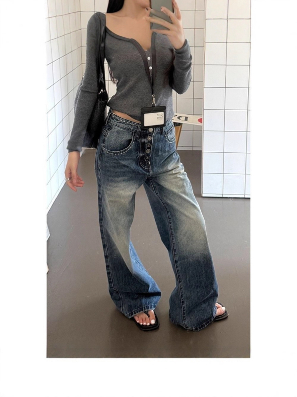Ženske traperice s gumbima u američko-retro stilu, široke nogavice, visok struk, ležerni kroj, ravni kroj, do poda, denim
