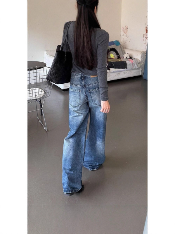 Ženske traperice s gumbima u američko-retro stilu, široke nogavice, visok struk, ležerni kroj, ravni kroj, do poda, denim