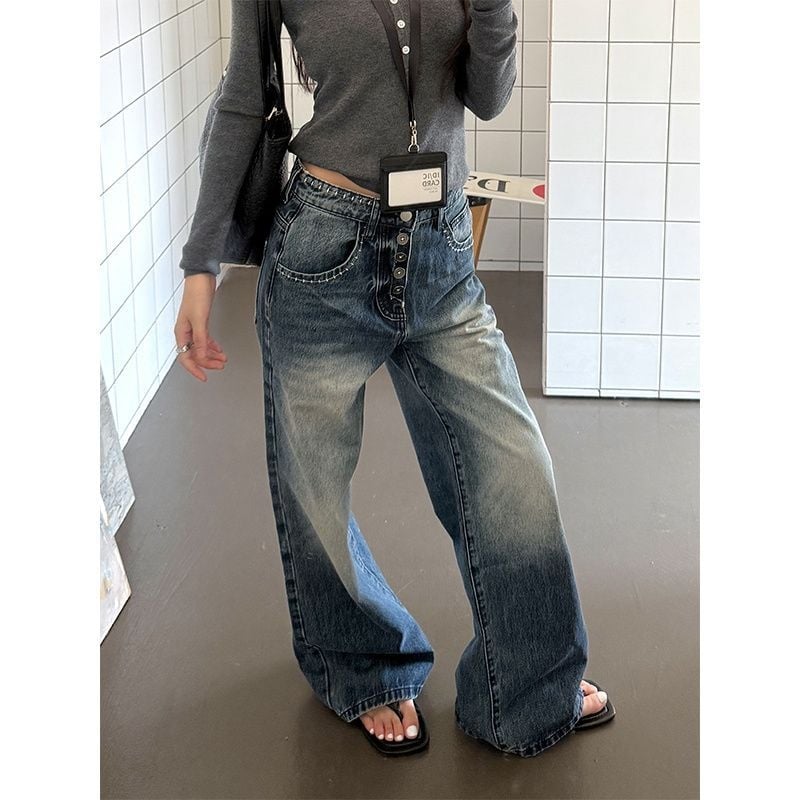 Ženske traperice s gumbima u američko-retro stilu, široke nogavice, visok struk, ležerni kroj, ravni kroj, do poda, denim