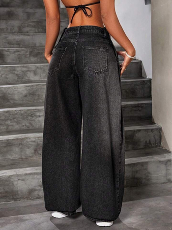 Ženske traperice s širokim krojem, oprani denim, dugačka do poda, ulični stil