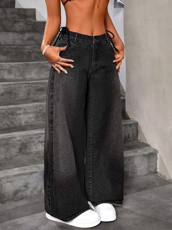 Ženske traperice s širokim krojem, oprani denim, dugačka do poda, ulični stil