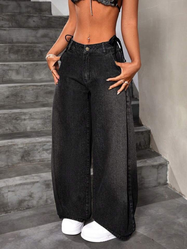 Ženske traperice s širokim krojem, oprani denim, dugačka do poda, ulični stil