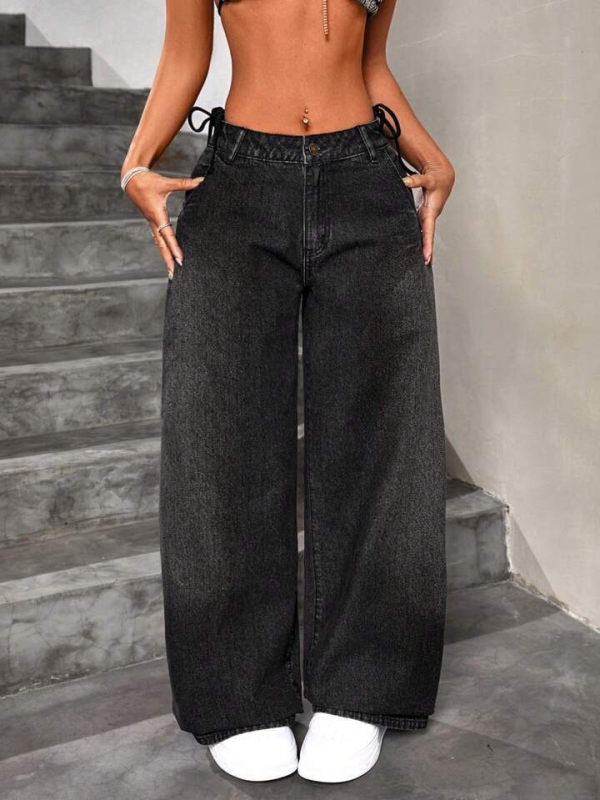 Ženske traperice s širokim krojem, oprani denim, dugačka do poda, ulični stil