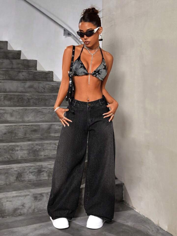 Ženske traperice s širokim krojem, oprani denim, dugačka do poda, ulični stil