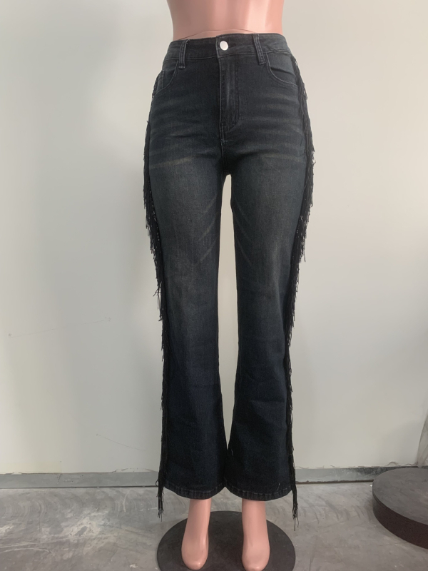 Y5270 Ženske traperice visokog struka, ravnog kroja s resicama na rubu – denim