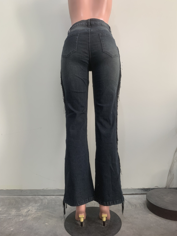 Y5270 Ženske traperice visokog struka, ravnog kroja s resicama na rubu – denim