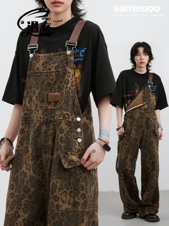 Ženski džins kombinezon s trakama u leopard uzorku – američki retro stil, široke nogavice, opušten izgled