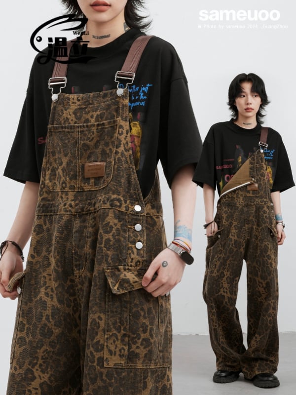 Ženski džins kombinezon s trakama u leopard uzorku – američki retro stil, široke nogavice, opušten izgled
