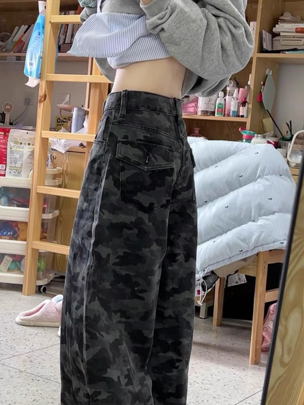 Ženske hlače od denima s visokim strukom i širokim nogama, kamuflažni uzorak, proljeće, ležerni i svestrani