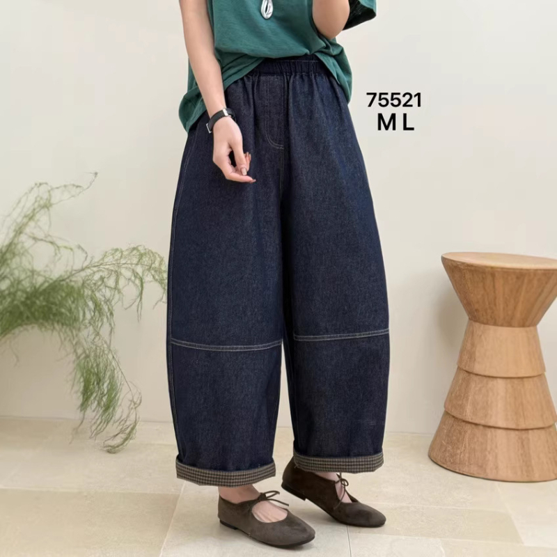 Ženske traperice od denima, proljeće 2026, korejski stil, široki kroj, patchwork, elastični pojas, cropped dužina, plus veličina