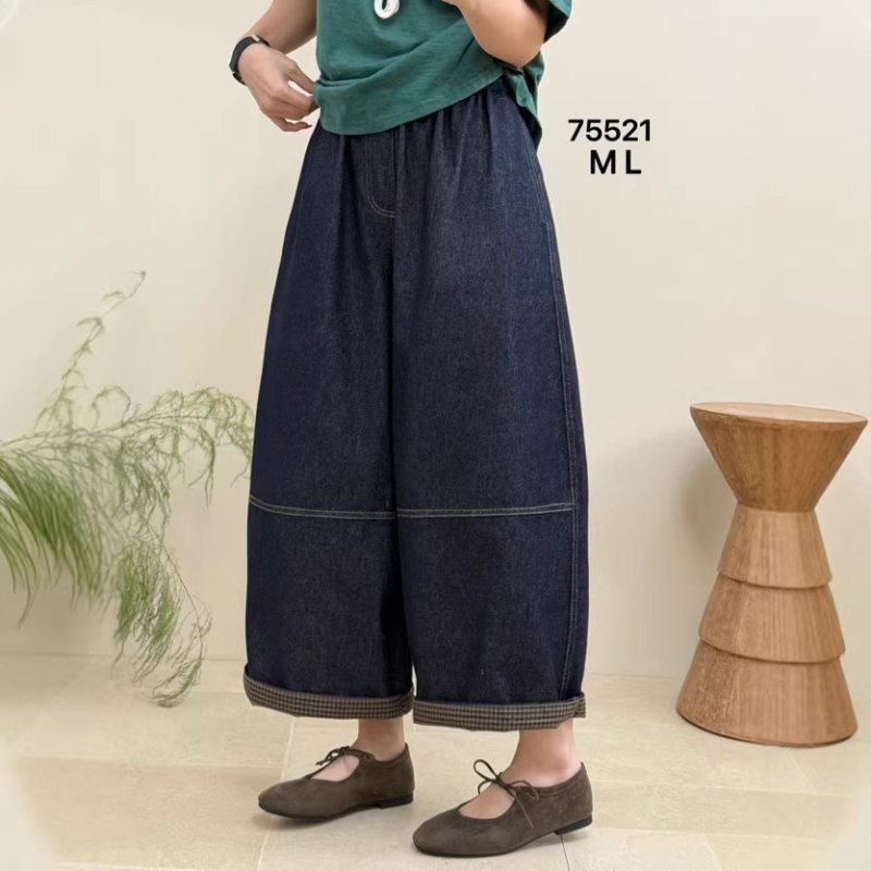 Ženske traperice od denima, proljeće 2026, korejski stil, široki kroj, patchwork, elastični pojas, cropped dužina, plus veličina