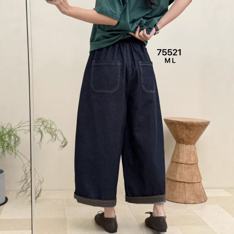 Ženske traperice od denima, proljeće 2026, korejski stil, široki kroj, patchwork, elastični pojas, cropped dužina, plus veličina