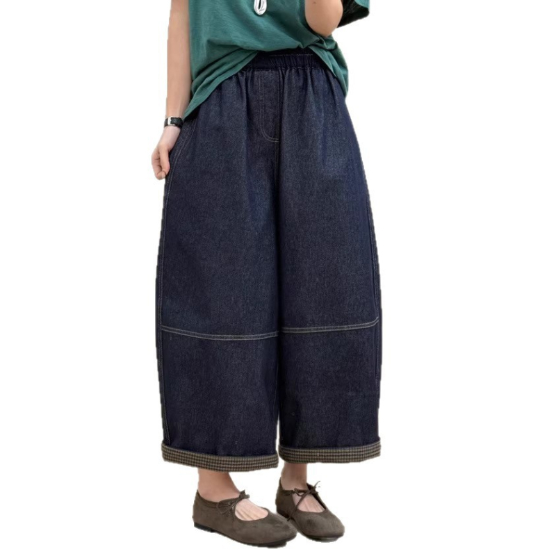 Ženske traperice od denima, proljeće 2026, korejski stil, široki kroj, patchwork, elastični pojas, cropped dužina, plus veličina