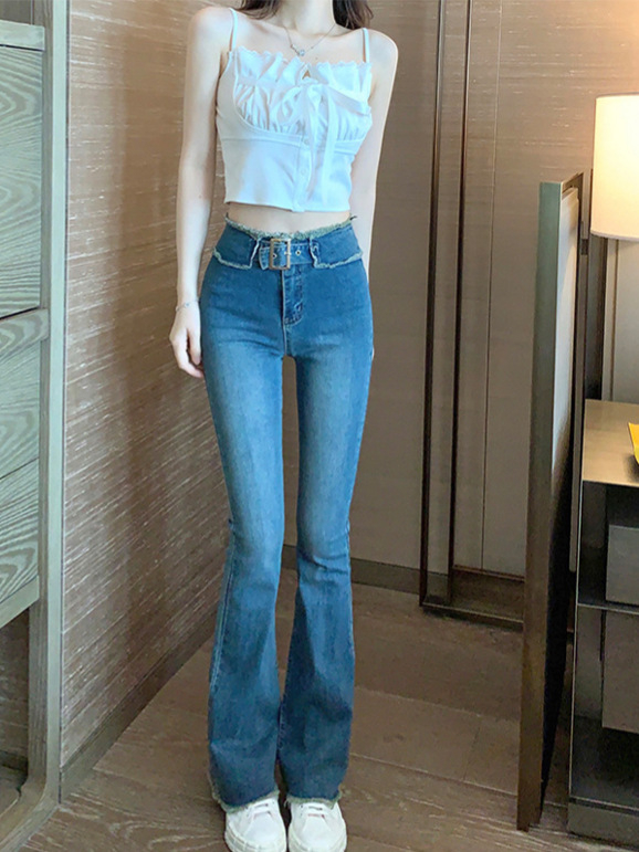 Vintage ženske traperice s otrganim rubom, blago proširene nogavice, visokim strukom, elastičan denim, duljina do poda