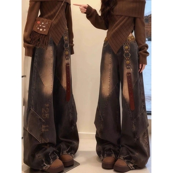 Ženske džins hlače s širokim krojem, američki stil, plus veličina, vintage oprane, patchwork paneli, izlizani detalji, duljina do poda