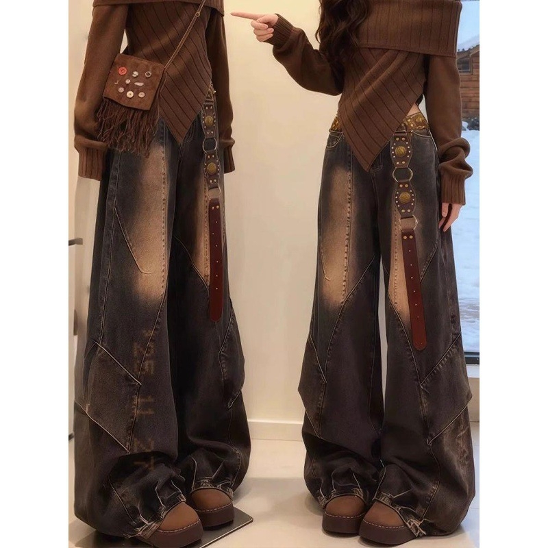Ženske džins hlače s širokim krojem, američki stil, plus veličina, vintage oprane, patchwork paneli, izlizani detalji, duljina do poda