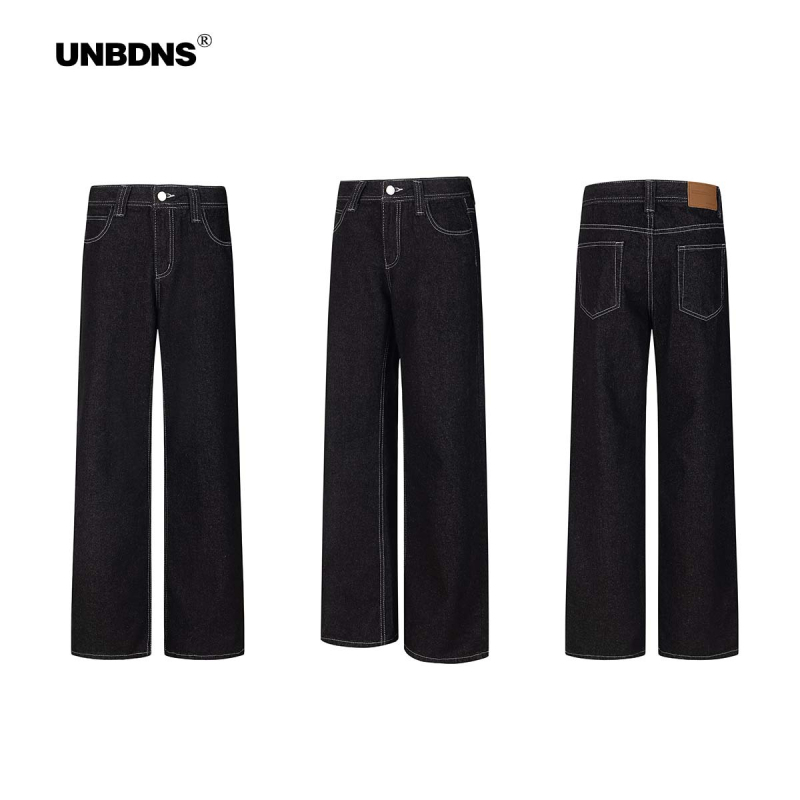 Unbdns Ženske traperice, američki retro stil, slobodan kroj, ravni kroj, gradski stil, široke nogavice, vizualno sužava siluetu