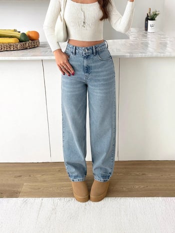 Ženske traperice s visokim strukom, ravnog kroja, ispran denim od pamuka s elastanom, s džepovima
