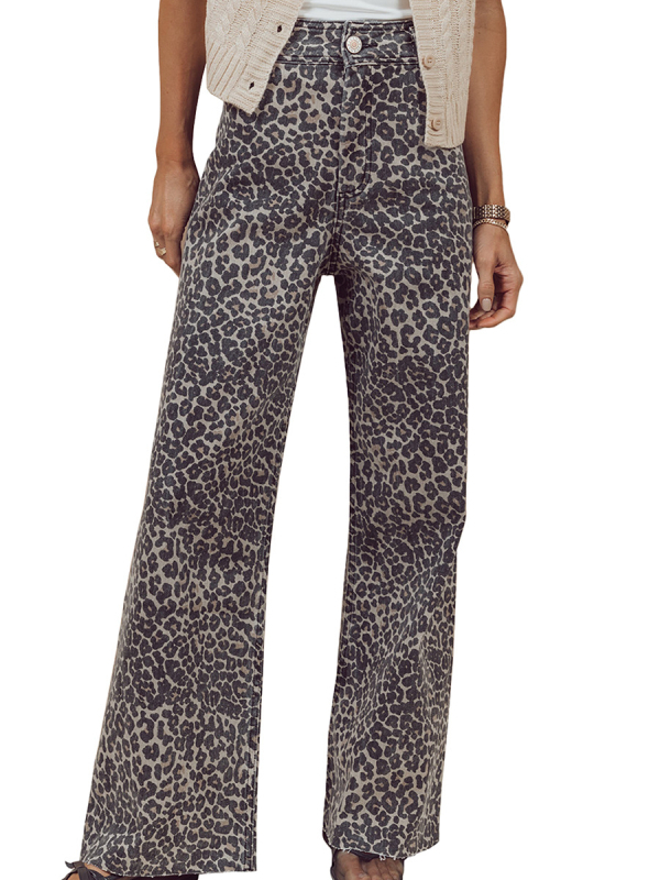 Ženske hlače od džinsa s visokim strukom i blagim širenjem prema dolje, leopard uzorak, denim, zimska kolekcija 2025