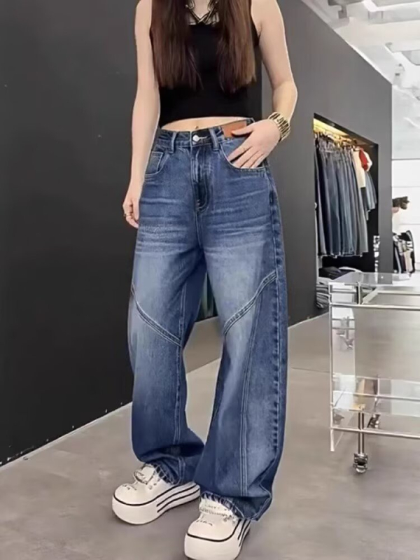 Ženske plus-size traperice u retro američkom stilu s zakrivljenim rubom, visokim strukom, vizualno laskaju siluetu kruške, ravne i široke nogavice