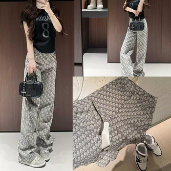 Ženske traperice s visokim pojasom i jacquard uzorkom, ravnog kroja, opuštene i za svakodnevnu upotrebu, duge do poda