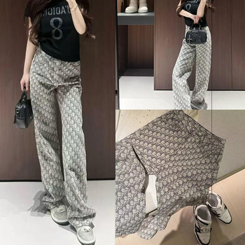 Ženske traperice s visokim pojasom i jacquard uzorkom, ravnog kroja, opuštene i za svakodnevnu upotrebu, duge do poda