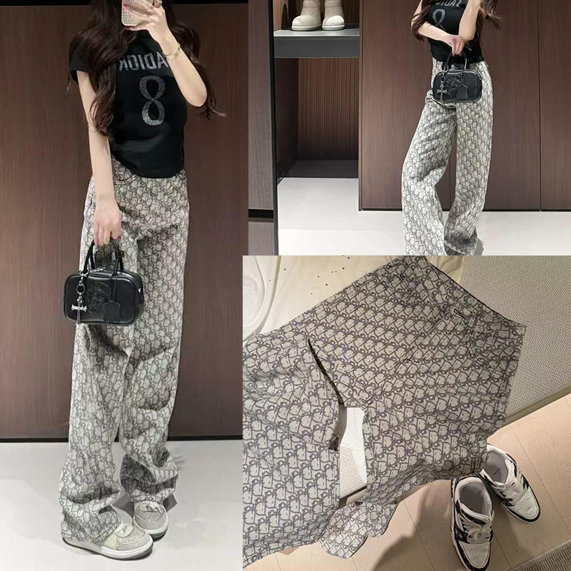 Ženske traperice s visokim pojasom i jacquard uzorkom, ravnog kroja, opuštene i za svakodnevnu upotrebu, duge do poda