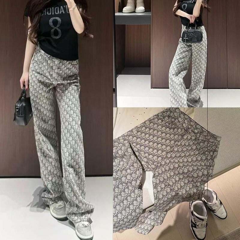 Ženske traperice s visokim pojasom i jacquard uzorkom, ravnog kroja, opuštene i za svakodnevnu upotrebu, duge do poda