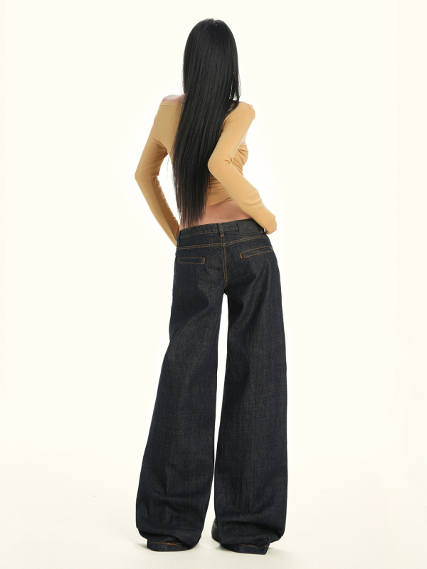Orange Silk Ženske tamno plave široke traperice, denim, jesen-zima 2025, izvorni denim dizajn, niski struk