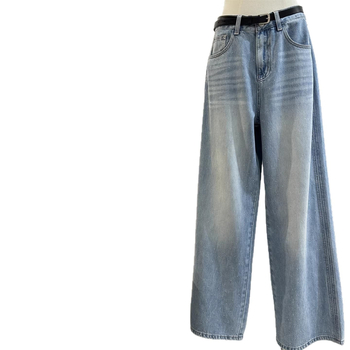 26 Traperice s kristalima za žene, rano proljeće, vintage pranje, svijetlo plava, visok pojas, ravni kroj s širokim nogavicama
