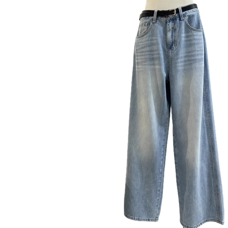26 Traperice s kristalima za žene, rano proljeće, vintage pranje, svijetlo plava, visok pojas, ravni kroj s širokim nogavicama