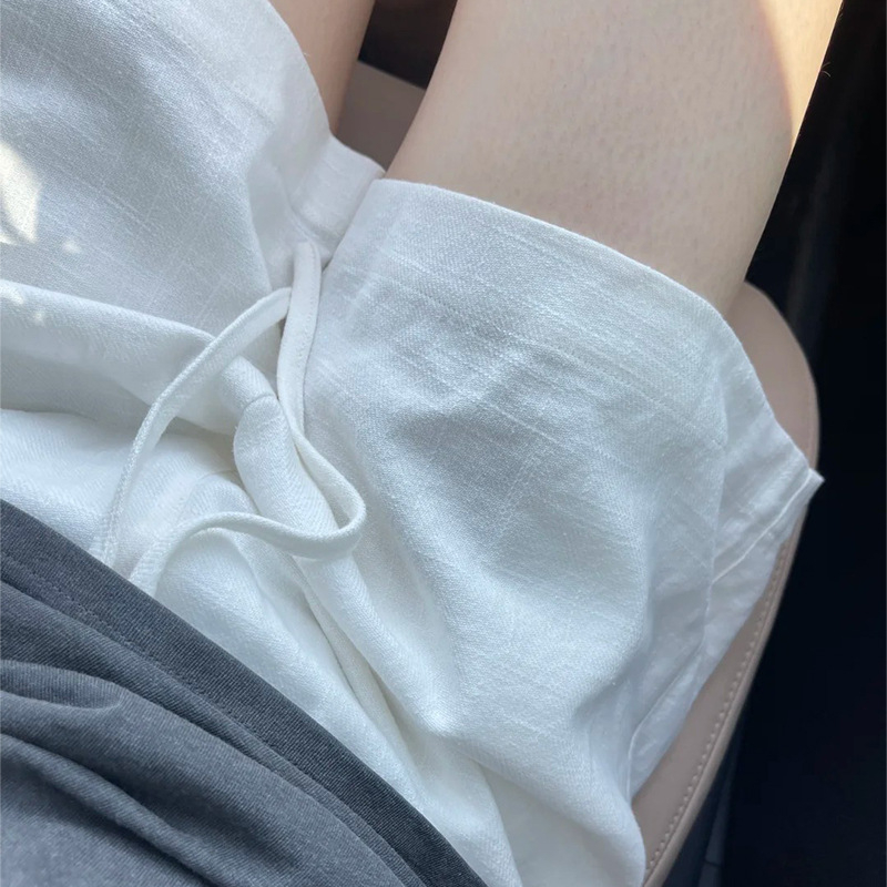 Bijeli ženski šorcevi od pamuka i lana s efektom ledenog svile, ljeto, visoki struk, mršav i slobodan A-linijski kroj, vintage stil, casual brzo sušeće sportske šortse