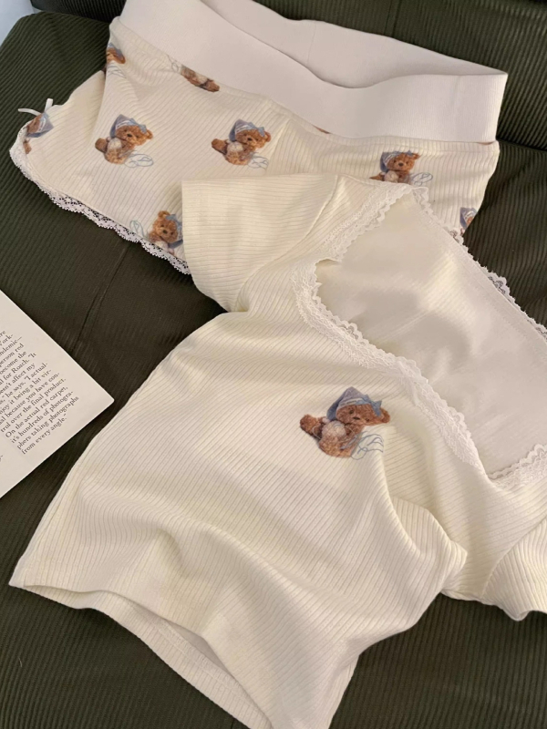 Ženski čipkasti šorc s motivom mede – ljeto, tanki, visoki pojas, udoban casual komad