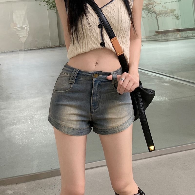 Ženske elastične traper šortse u američkom stilu, vintage, 2024 novi model, hip-hugging kroj, distressed, A-linija, ljetno