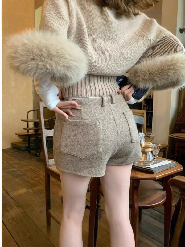 Ženske vintage kratke hlače od vunene tkanine u kaki boji, visoki pojas, prilagodljiva silueta uz bokove, ravni kroj, za zimu