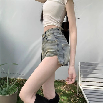 Ženske denim šorceve s visokim strukom, elastične, A-linijski kroj, nepravilan izrez, ljetni retro stil