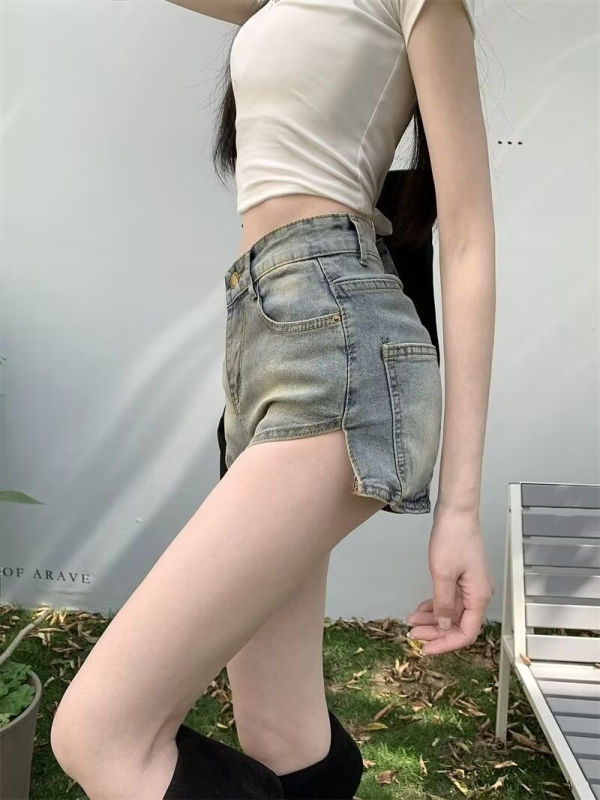 Ženske denim šorceve s visokim strukom, elastične, A-linijski kroj, nepravilan izrez, ljetni retro stil