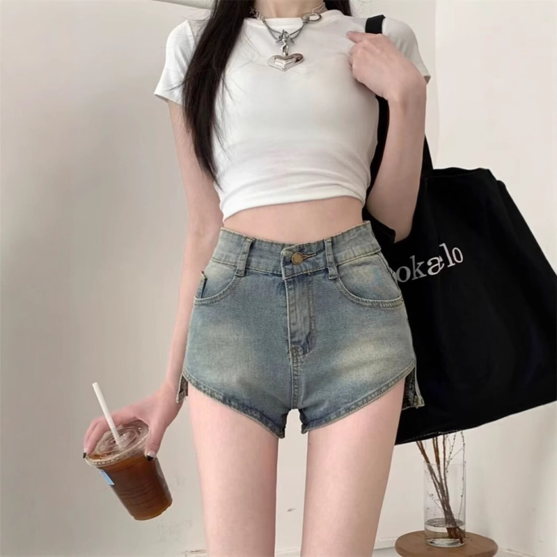 Ženske denim šorceve s visokim strukom, elastične, A-linijski kroj, nepravilan izrez, ljetni retro stil