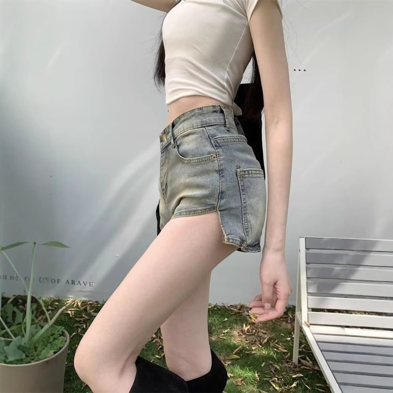 Ženske denim šorceve s visokim strukom, elastične, A-linijski kroj, nepravilan izrez, ljetni retro stil