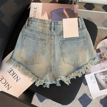 Vintage izblijedjele denim šorc za žene, visokim strukom, širokim krojem, 3/4 duljine, ljetni ležerni komad