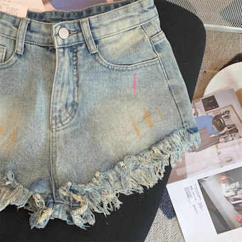 Vintage izblijedjele denim šorc za žene, visokim strukom, širokim krojem, 3/4 duljine, ljetni ležerni komad