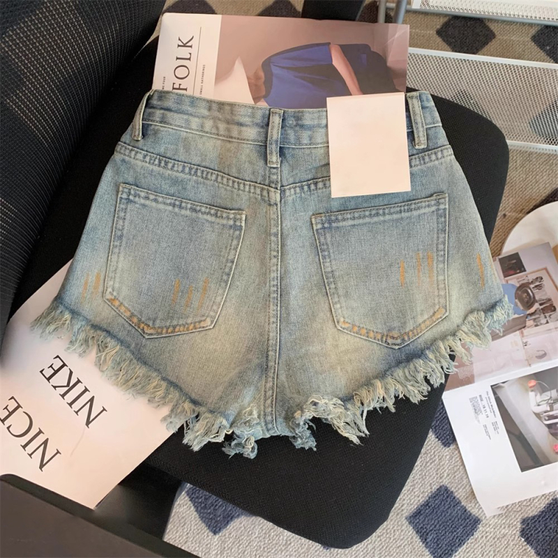 Vintage izblijedjele denim šorc za žene, visokim strukom, širokim krojem, 3/4 duljine, ljetni ležerni komad