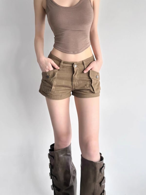 2025 nove retro khaki denim kratke hlače s trodimenzionalnim džepovima, podizanje bokova, uski kroj