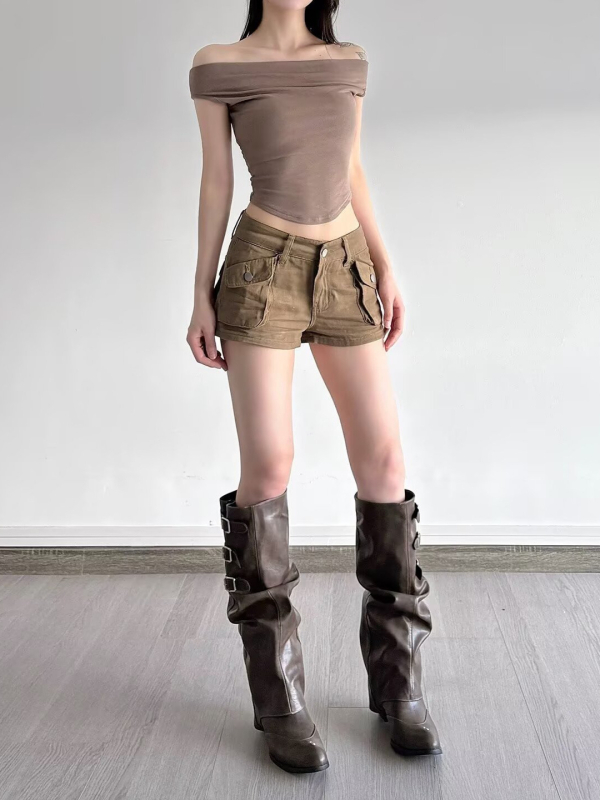 2025 nove retro khaki denim kratke hlače s trodimenzionalnim džepovima, podizanje bokova, uski kroj