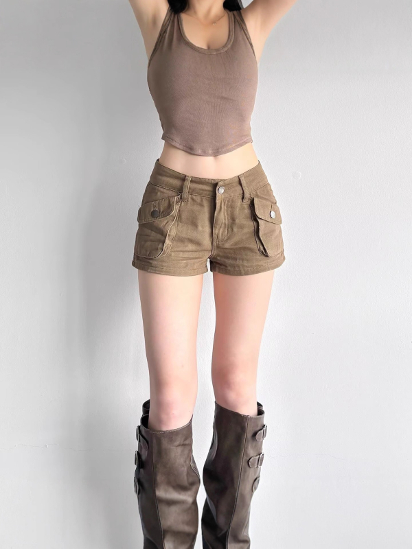 2025 nove retro khaki denim kratke hlače s trodimenzionalnim džepovima, podizanje bokova, uski kroj
