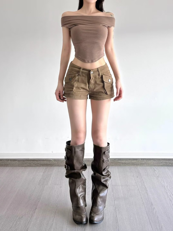 2025 nove retro khaki denim kratke hlače s trodimenzionalnim džepovima, podizanje bokova, uski kroj