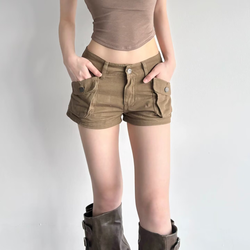 2025 nove retro khaki denim kratke hlače s trodimenzionalnim džepovima, podizanje bokova, uski kroj
